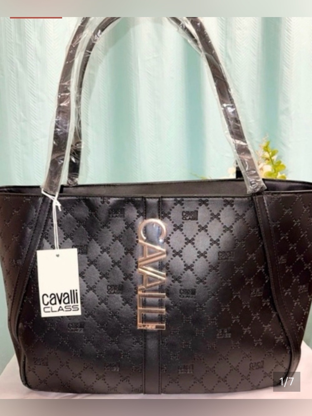 Cavalli Class Black Quilted Tote with Gold Logo